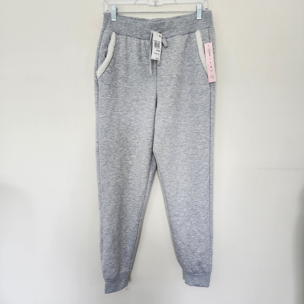 Crave Fame Women Heather Grey Sherpa Pocket Fleece Jogger Sweatpants Medium